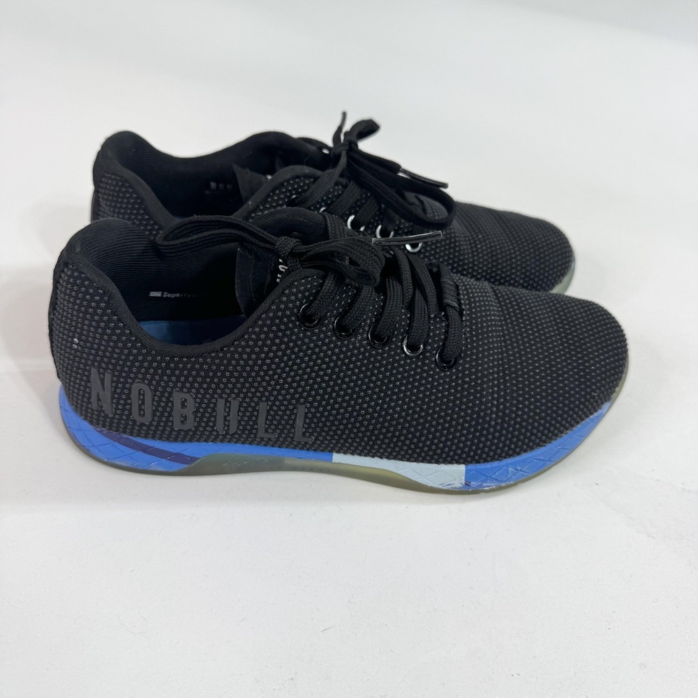 NOBULL Shoes Womens Size 7 Black Knit Low Top Training Sneakers Blue Sole